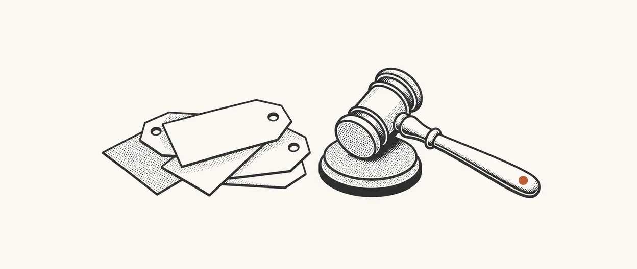 Stylized illustration of an auction gavel and cataloged lots, in the Compass flat-print style