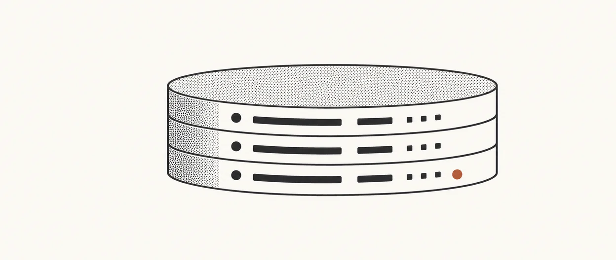 Stylized illustration of a structured database replacing a legacy ledger, in the Compass flat-print style