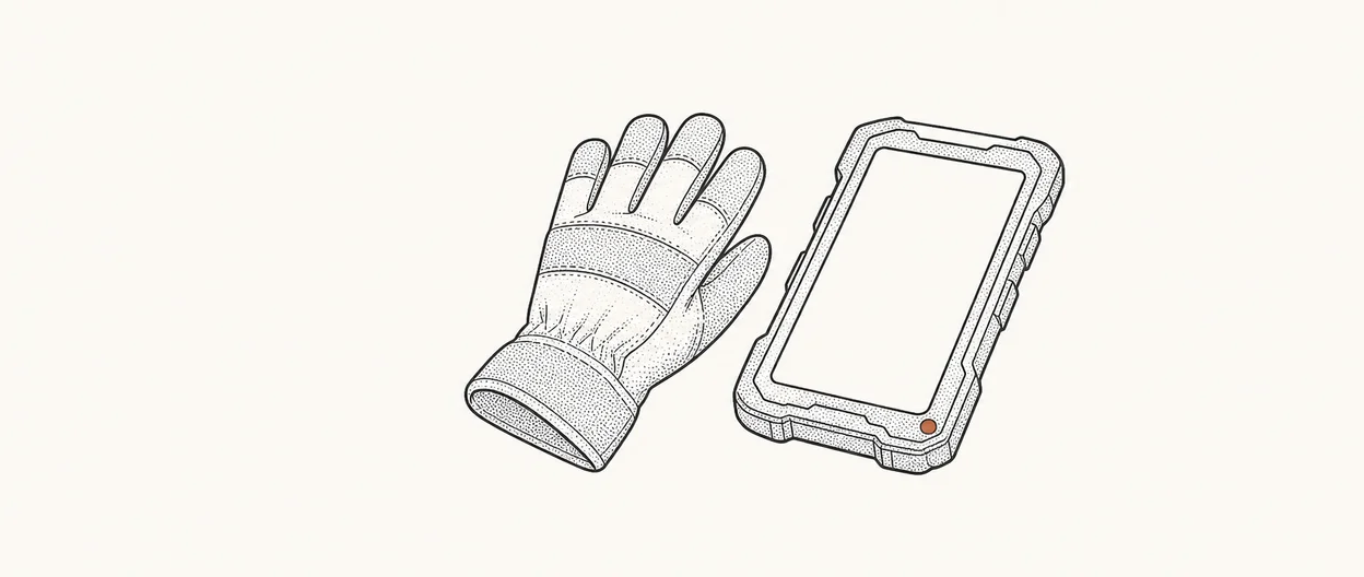 Stylized illustration of a rugged handheld device used in the field, in the Compass flat-print style