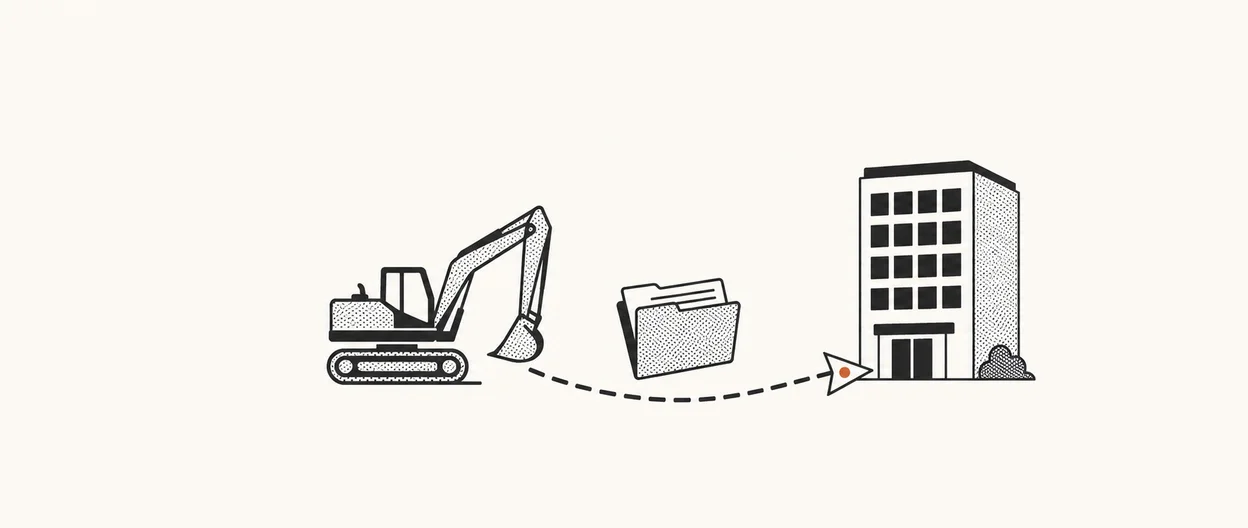 Stylized illustration of a document routing from a jobsite to an office, in the Compass flat-print style