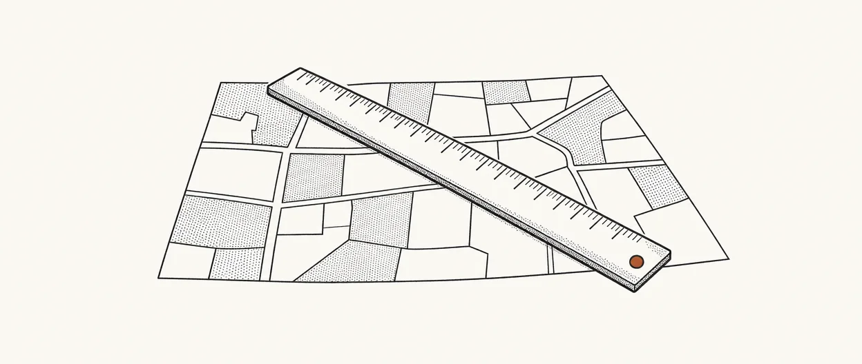 Stylized illustration of fence measurement over a map, in the Compass flat-print style